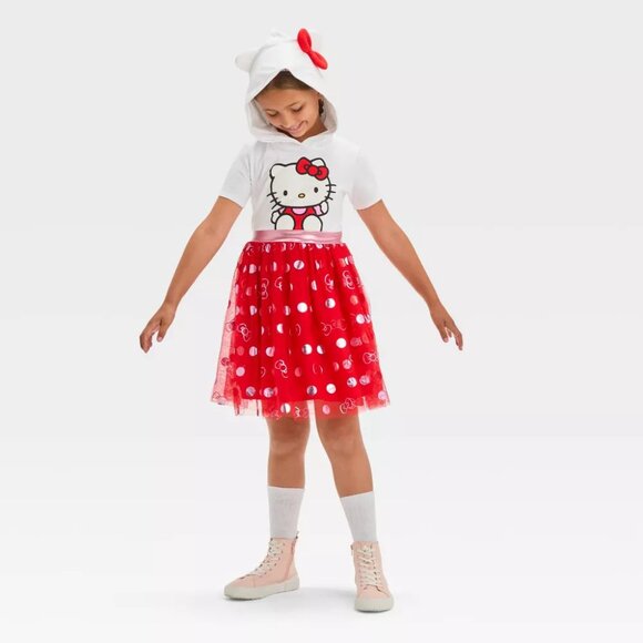 NEW Girls' Hello Kitty Hooded Cosplay Short Sleeve Tutu Dress - Red/White XS - Picture 3 of 8